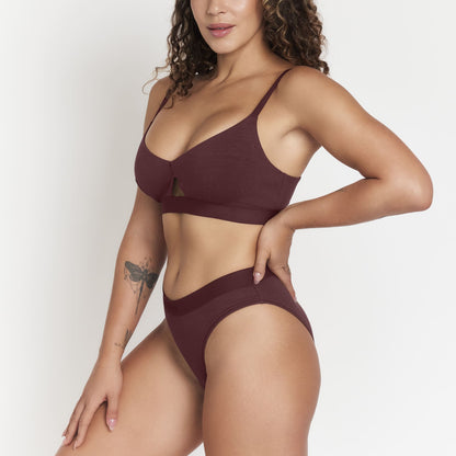 Keyhole hemp bra by Net Positive in burgundy with front cutout and slim straps on Tampa Home & Garden Store