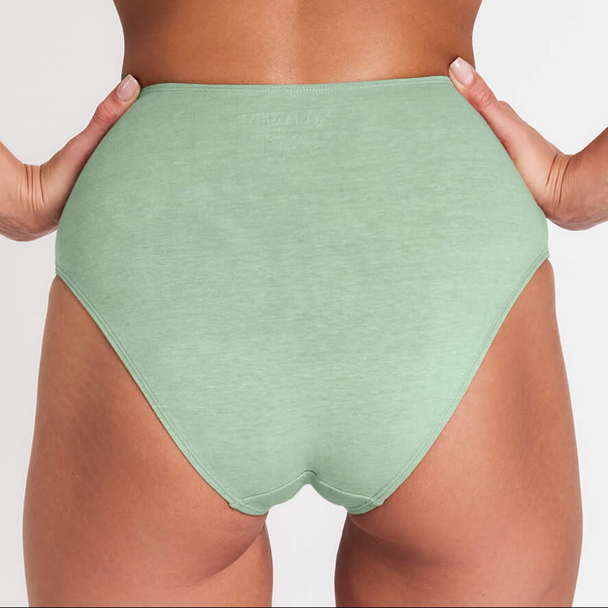 High-Rise Hemp Briefs by Net Positive in sage green, back view on Tampa Home & Garden Store