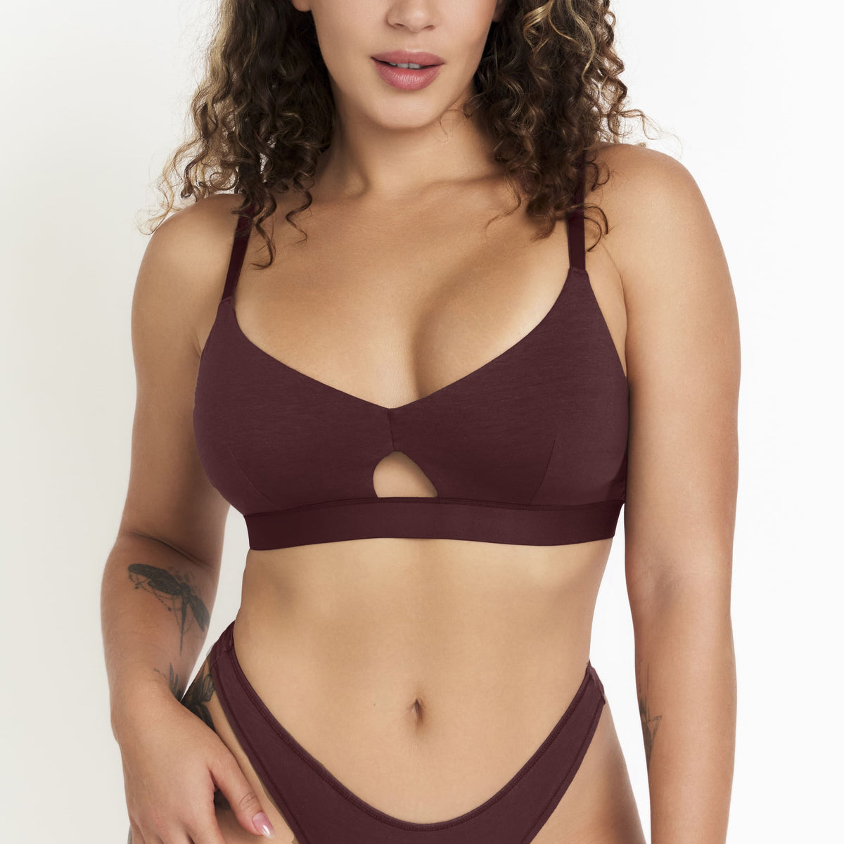Keyhole hemp bra in burgundy with slim straps and center cutout on Tampa Home & Garden Store