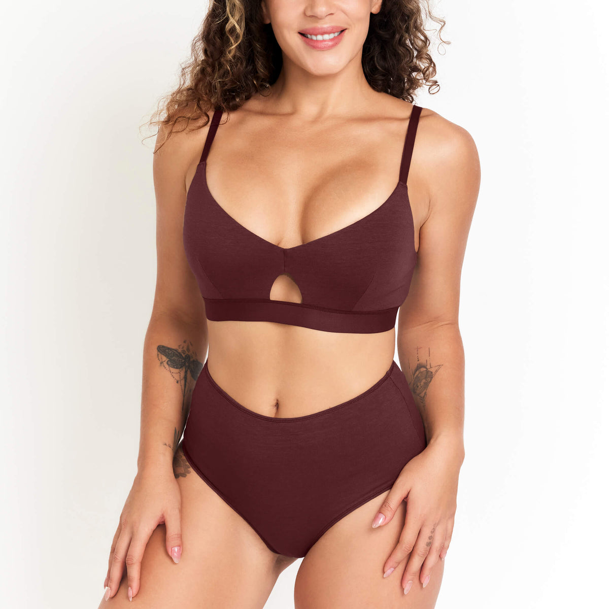 Net Positive High-Rise Hemp Brief burgundy worn by model on Tampa Home & Garden Store