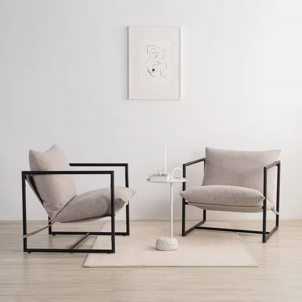 Sillón decorativo moderno tapizado en beige, gris, tostado y avena con estructura de metal