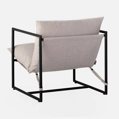 Sillón decorativo moderno tapizado en beige, gris, tostado y avena con estructura de metal