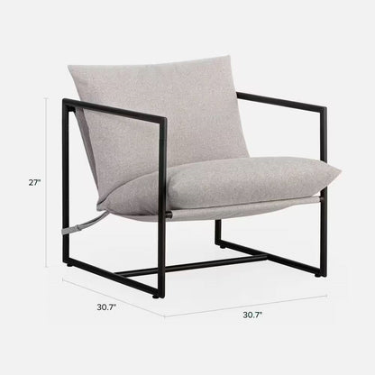 Sillón decorativo moderno tapizado en beige, gris, tostado y avena con estructura de metal