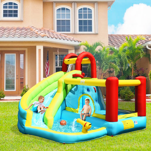 6-in-1 Inflatable Bounce House with Climbing Wall and Basketball Hoop with Blower - Tampa Home & Garden Store