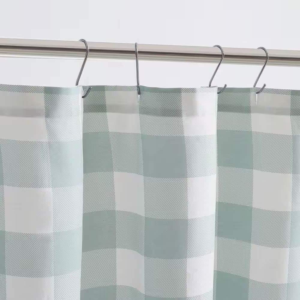 Cortina de ducha de tela 100 % algodón de 72 pulgadas con patrón de cuadros verdes y blancos