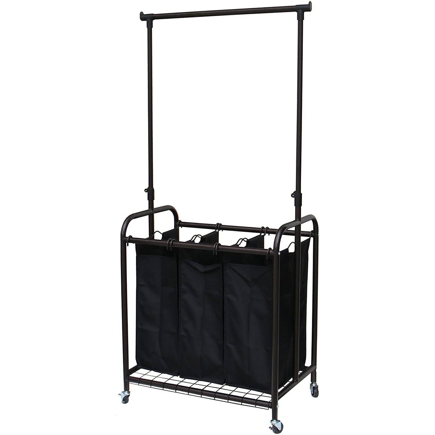 Cesto clasificador de ropa con 3 bolsas, color bronce y negro, con barra colgadora ajustable