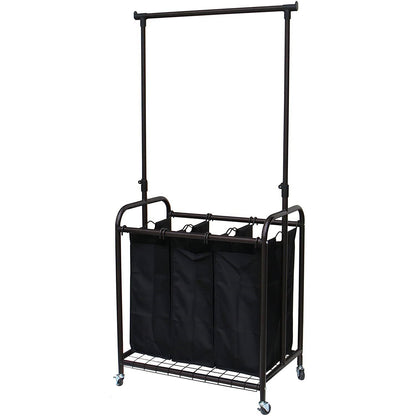 Cesto clasificador de ropa con 3 bolsas, color bronce y negro, con barra colgadora ajustable
