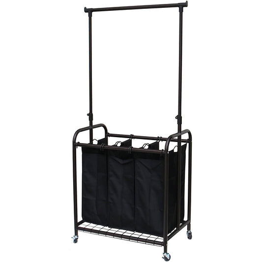 Bronze Black 3-Bag Laundry Sorter Hamper with Adjustable Clothes Hanging Bar - Tampa Home & Garden Store