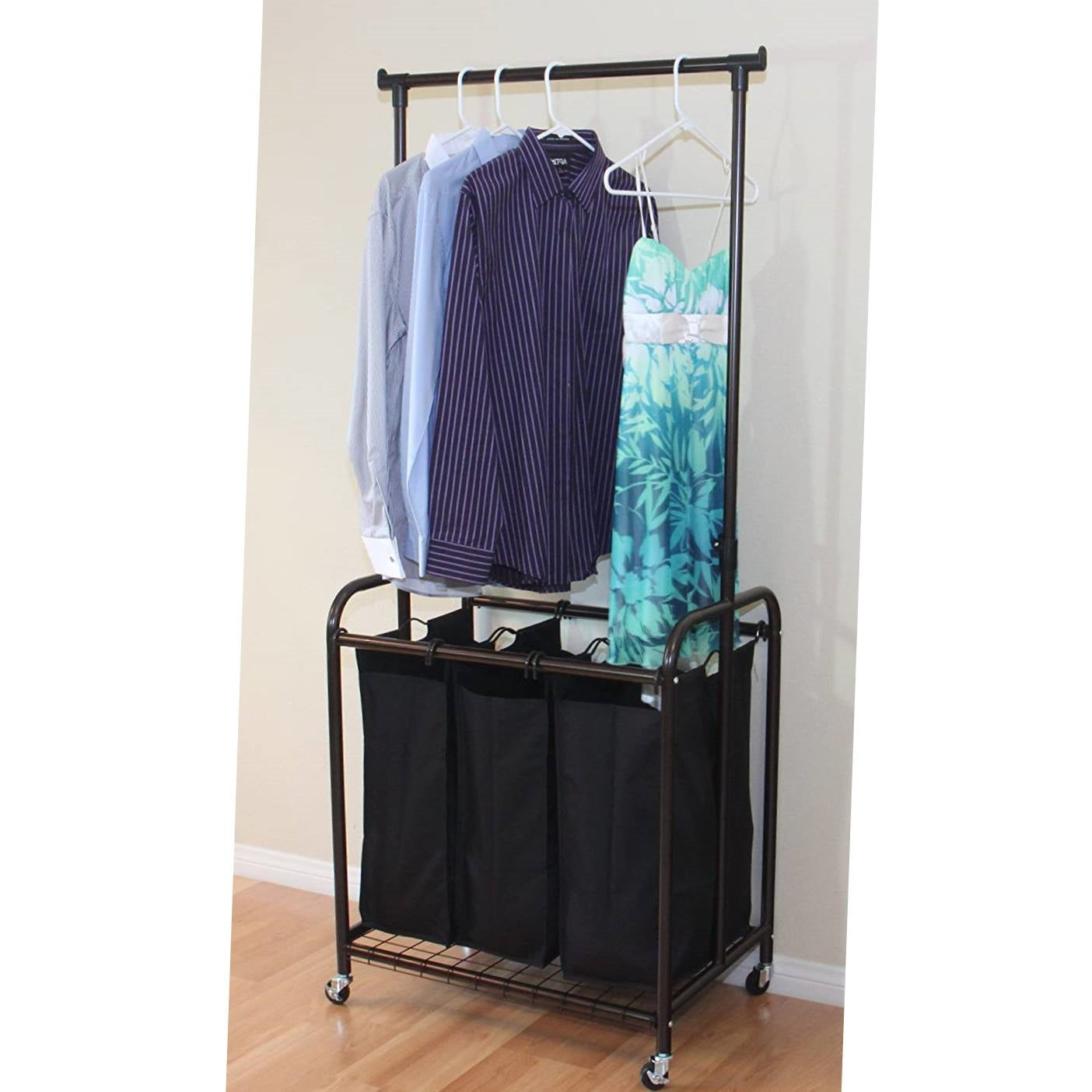 Cesto clasificador de ropa con 3 bolsas, color bronce y negro, con barra colgadora ajustable