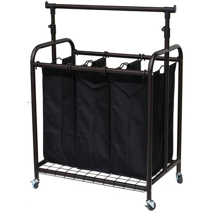 Cesto clasificador de ropa con 3 bolsas, color bronce y negro, con barra colgadora ajustable