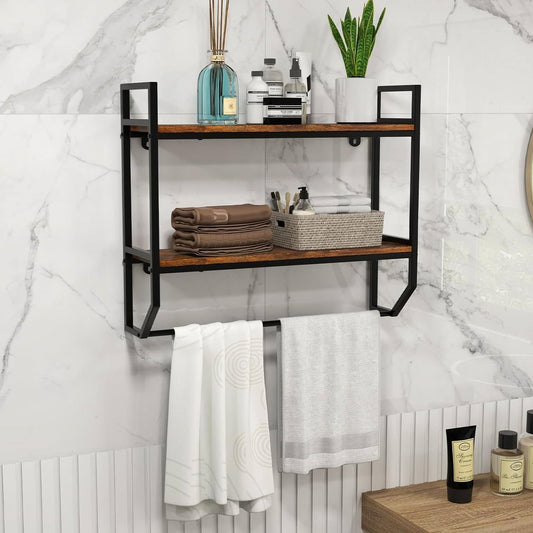 Wall Mounted Over Toilet 2-Shelf Bathroom Shelving Unit with Towel Bar - Tampa Home & Garden Store