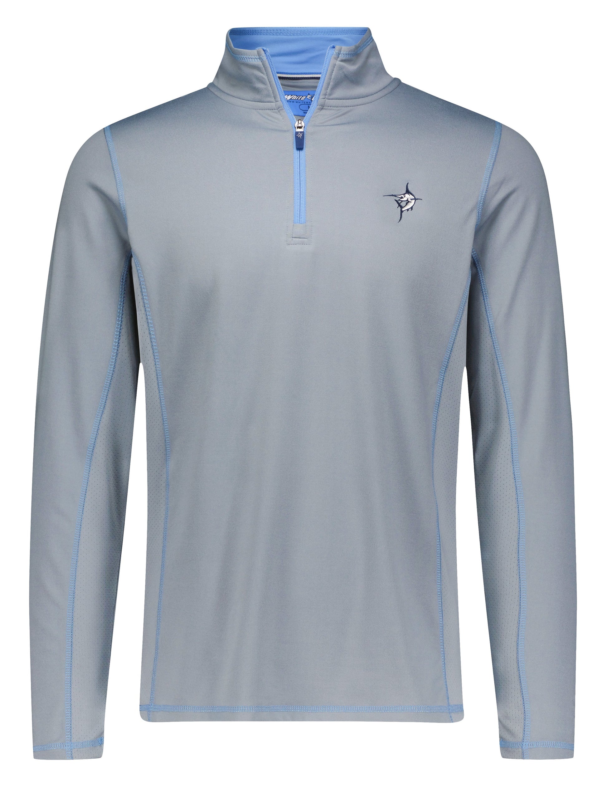 Montauk Quarter Zip midweight pullover in steel blue by White Water Life with front zipper and chest fish logo on Tampa Home & Garden Store