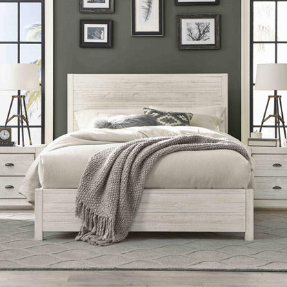 Cama de plataforma FarmHome de pino macizo blanco roto, tamaño Queen