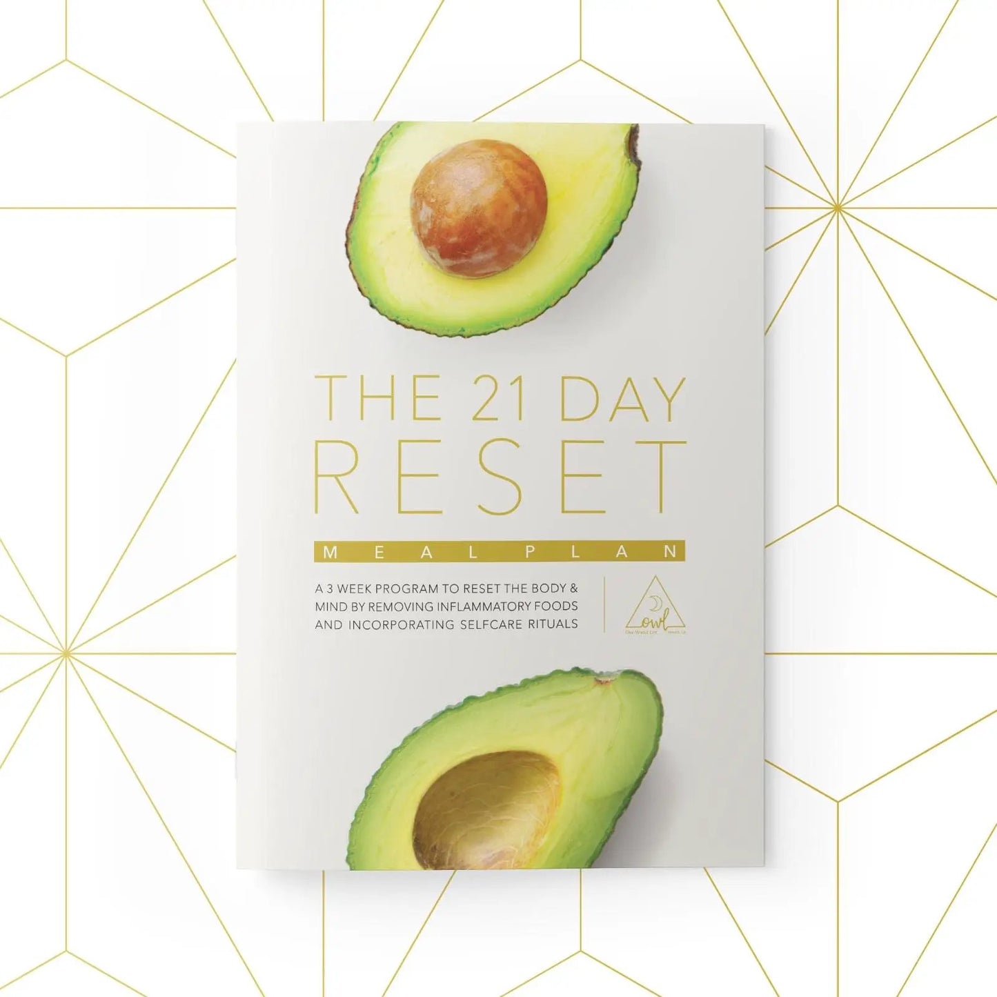 The 21 Day Reset meal plan booklet with avocado halves on a white cover, OWL Venice branding on Tampa Home & Garden Store