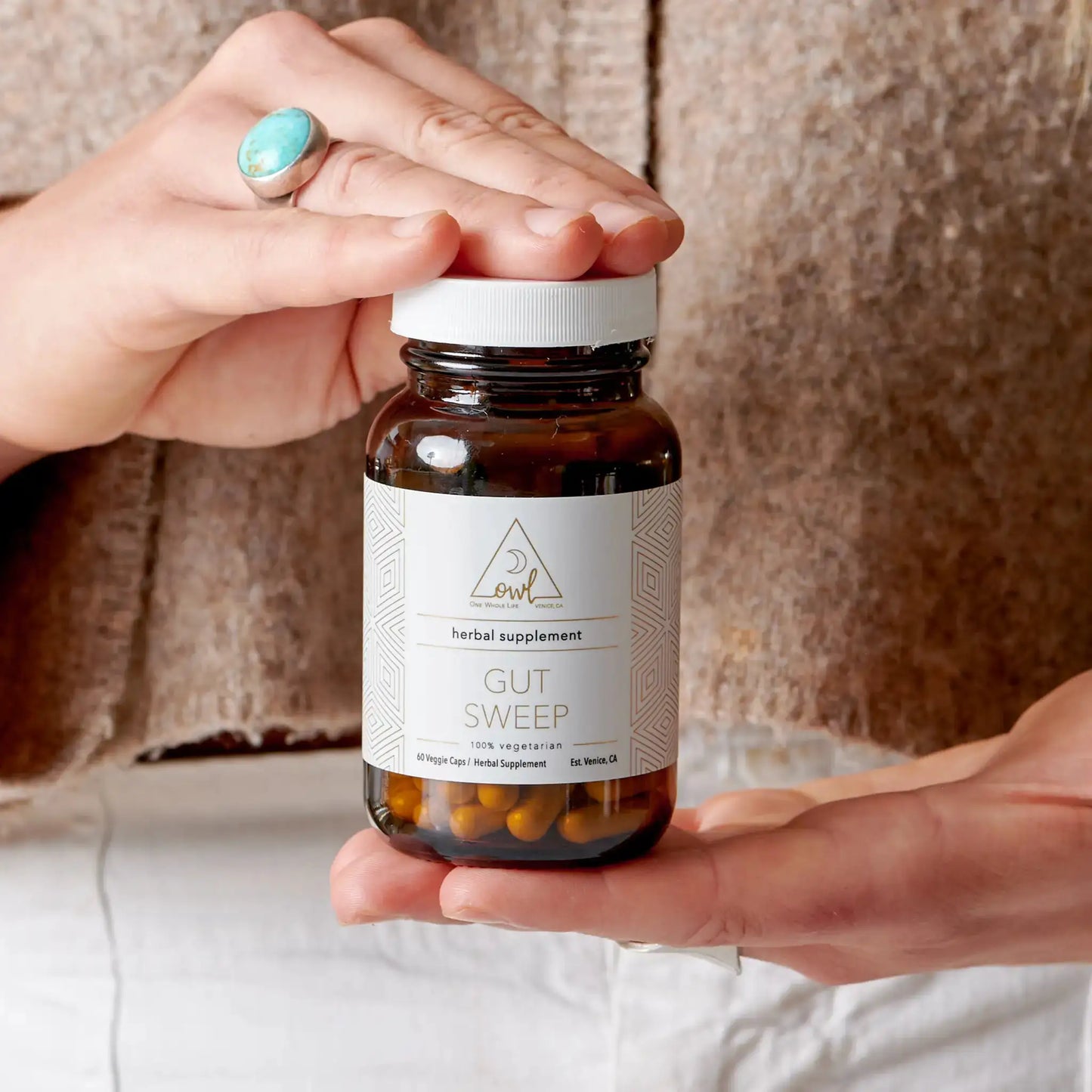 Gut Sweep herbal supplement by OWL Venice, amber bottle with white label and 60 veggie caps on Tampa Home & Garden Store