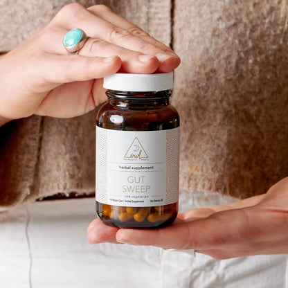 Gut Sweep herbal supplement by OWL Venice, amber bottle with white label and 60 veggie caps on Tampa Home & Garden Store