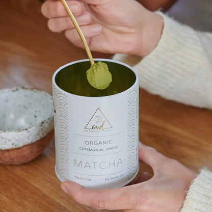 Organic Matcha powder by OWL Venice in a white patterned cup with a green scoop on Tampa Home & Garden Store