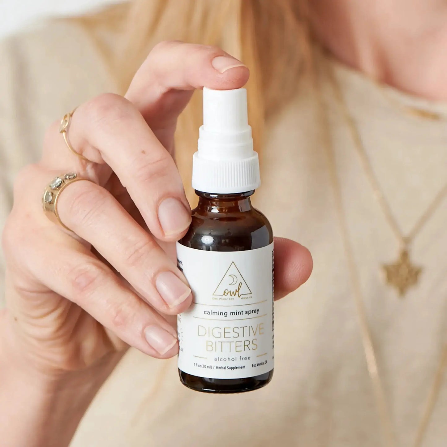 Digestive Bitters calming mint spray by OWL Venice amber bottle with white spray cap on Tampa Home & Garden Store