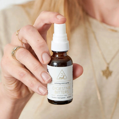 Digestive Bitters calming mint spray by OWL Venice amber bottle with white spray cap on Tampa Home & Garden Store