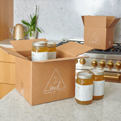 OWL Venice bone broth jars in a cardboard box on a counter; two glass jars with silver lids on Tampa Home & Garden Store