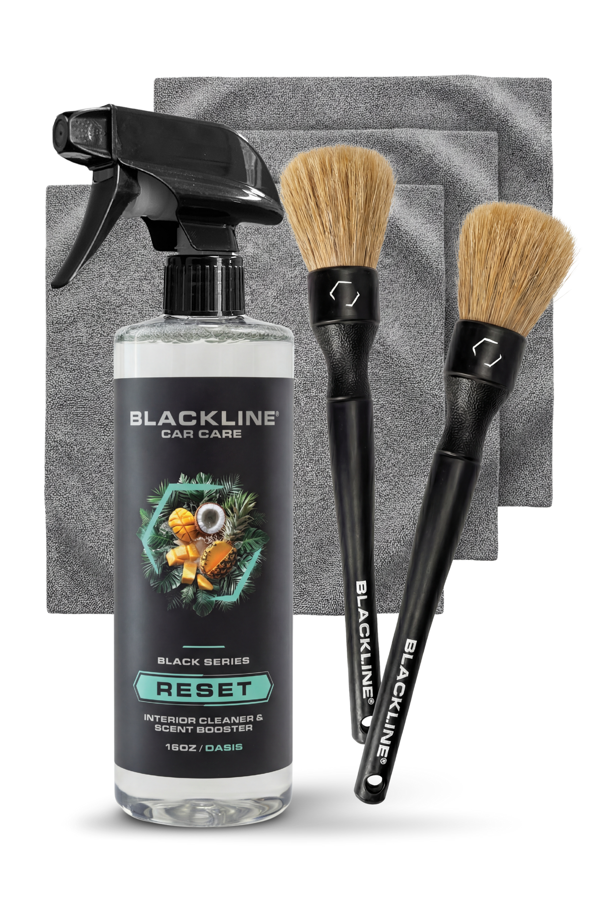 BLACKLINE RESET interior cleaner & scent booster bottle with towels and brushes on Tampa Home & Garden Store