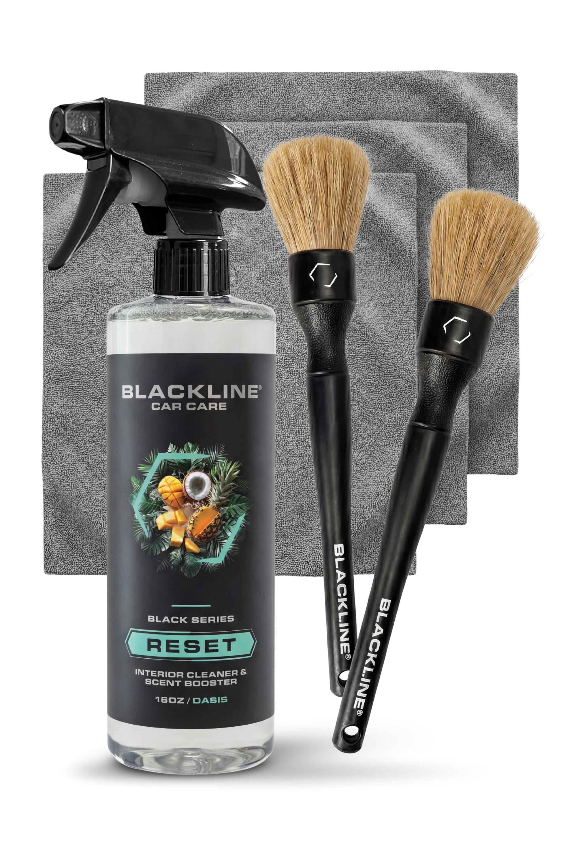 BLACKLINE RESET interior cleaner & scent booster bottle with towels and brushes on Tampa Home & Garden Store