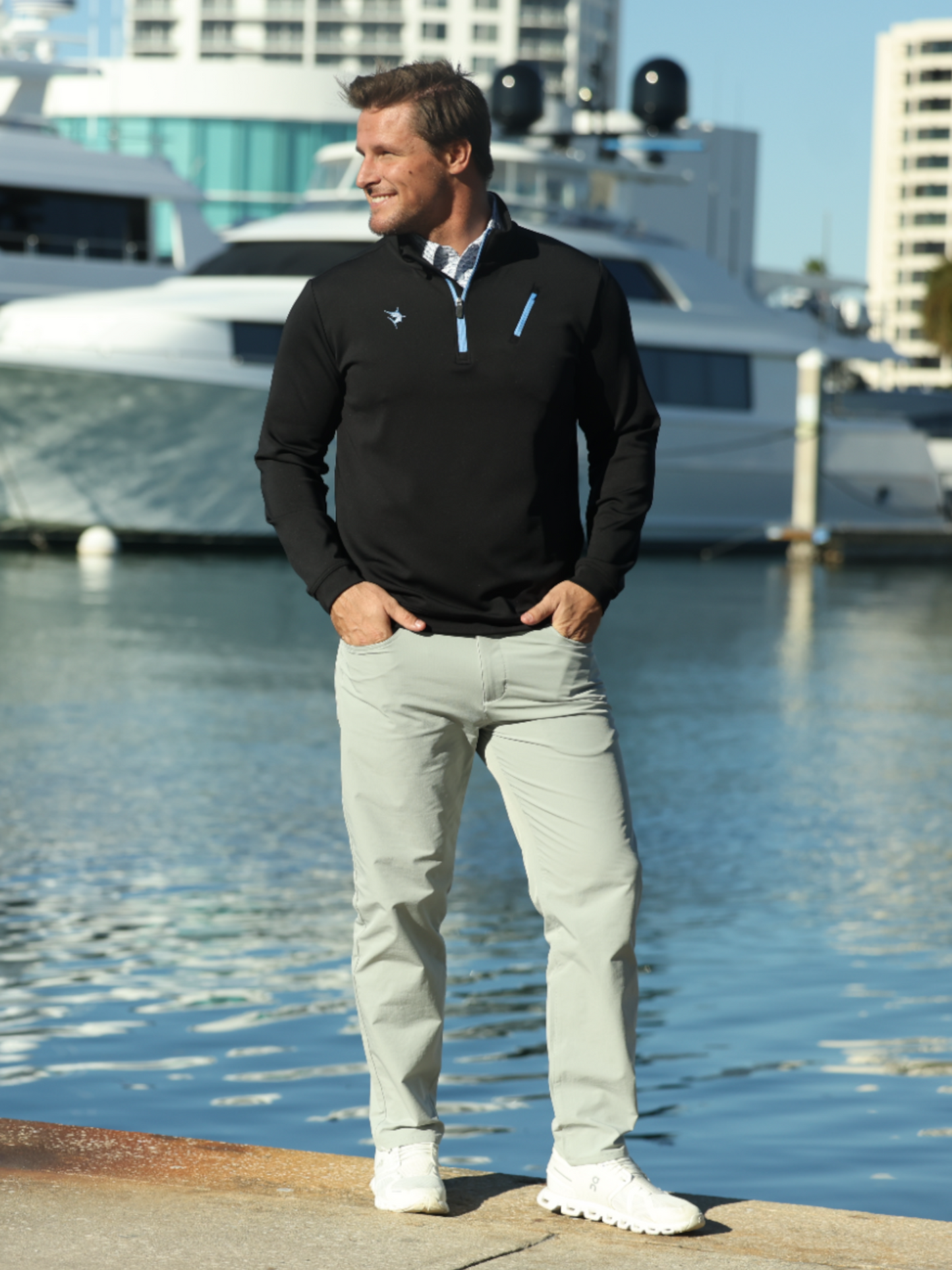 Oceanside Pullover Smooth Stretch by White Water Life, black zip pullover with chest pocket on Tampa Home & Garden Store