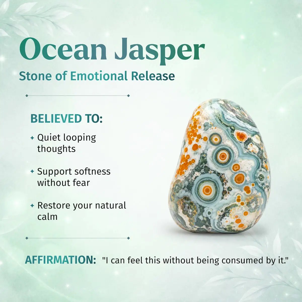 Quiet My Mind Ocean Jasper bracelet 6mm beads with teal and orange orb patterns on Tampa Home & Garden Store