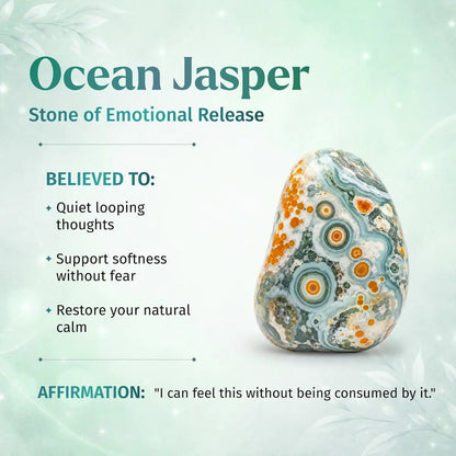 Quiet My Mind Ocean Jasper bracelet 6mm beads with teal and orange orb patterns on Tampa Home & Garden Store