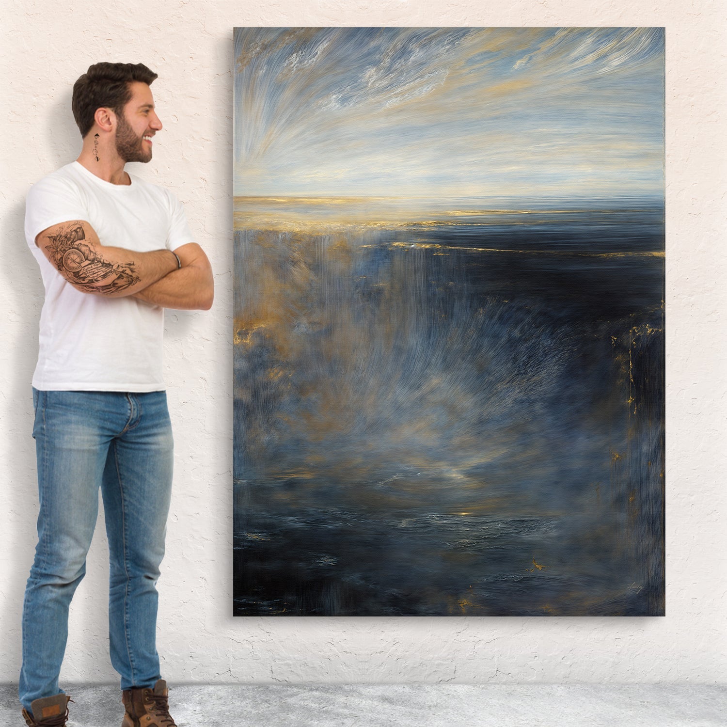 Canvas Print Oceans Lament by Tailored Canvases; blue seascape on canvas beside a man on Tampa Home & Garden Store