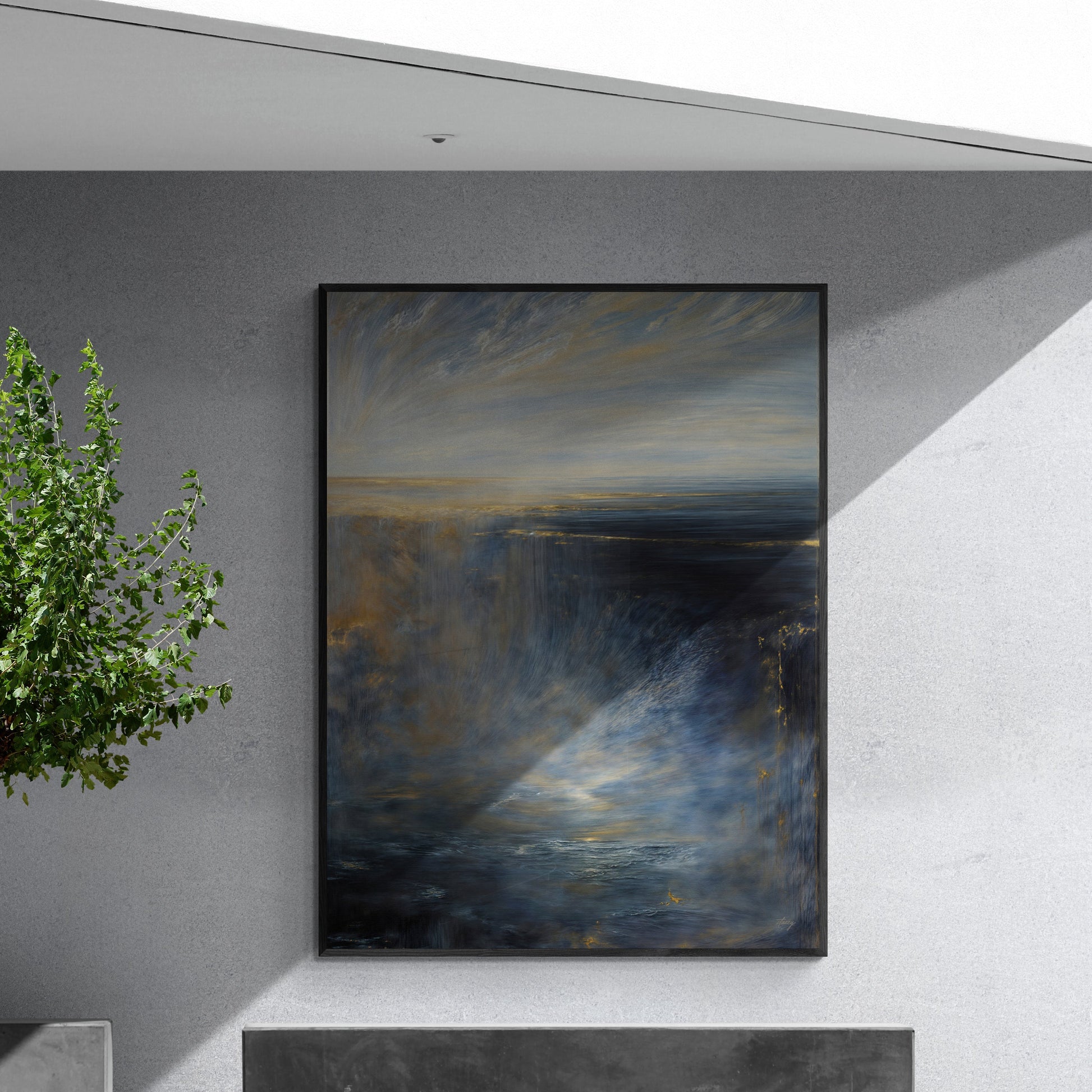 Canvas Oceans Lament by Tailored Canvases; seascape in deep blues and gold tones on Tampa Home & Garden Store
