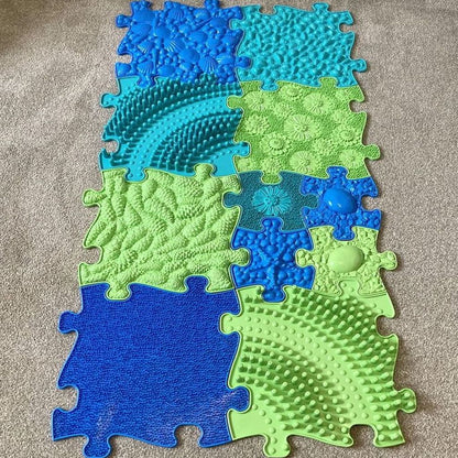 Ocean Sensory Playmat Set interlocking tiles in blue teal lime with varied textures by TINNITOTS on Tampa Home & Garden Store