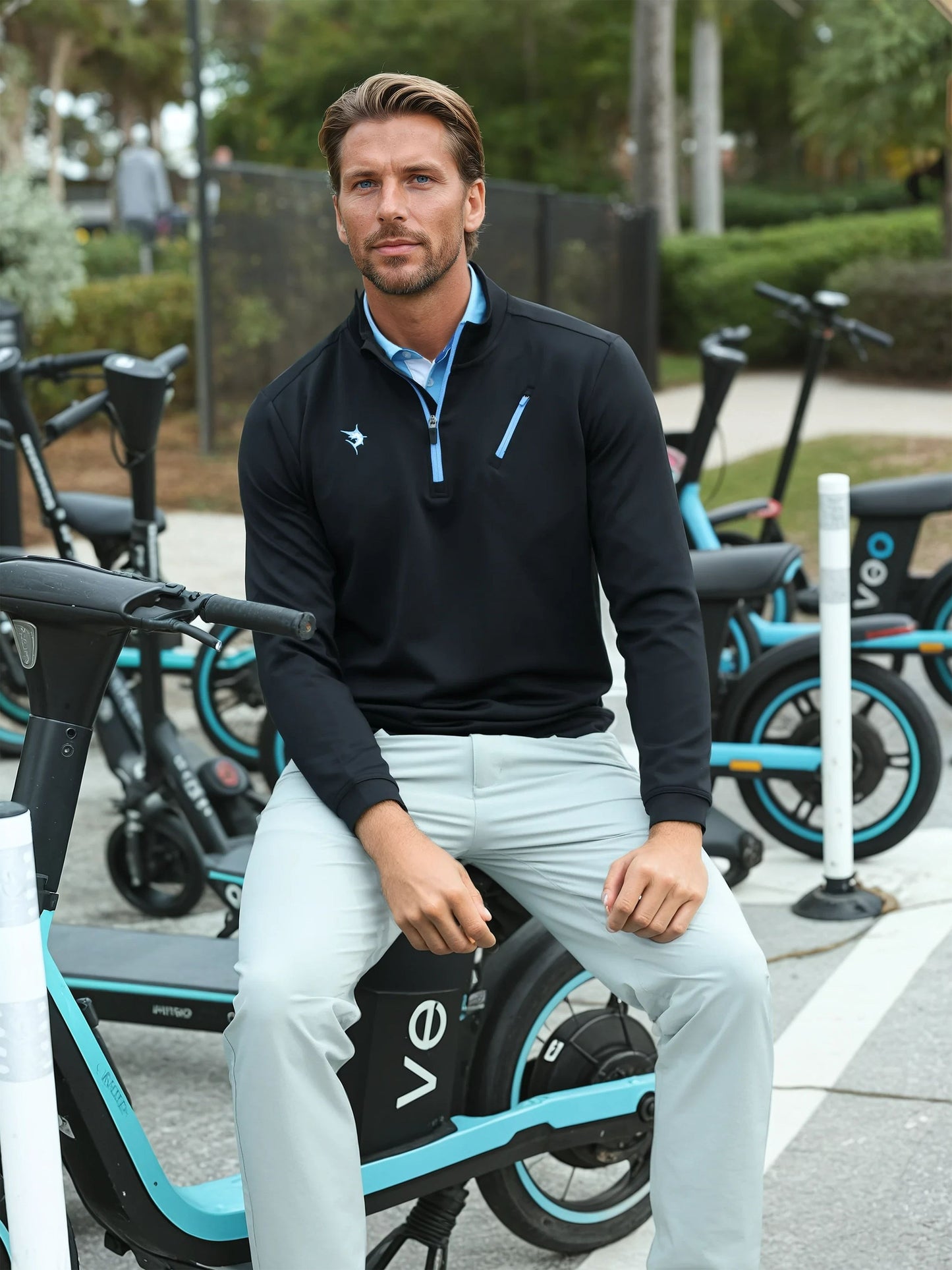 Oceanside Pullover Smooth Stretch by White Water Life, black with sky blue zip pocket on Tampa Home & Garden Store