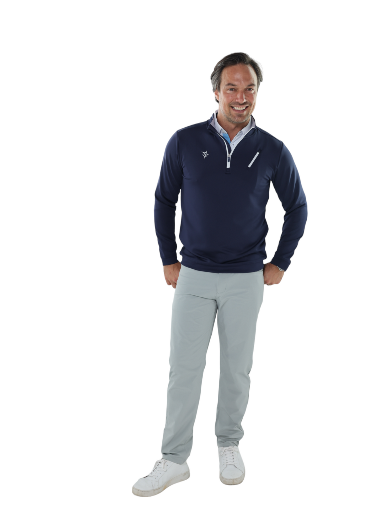 Oceanside Pullover Smooth Stretch men's navy zip pullover with White Water Life logo on Tampa Home & Garden Store
