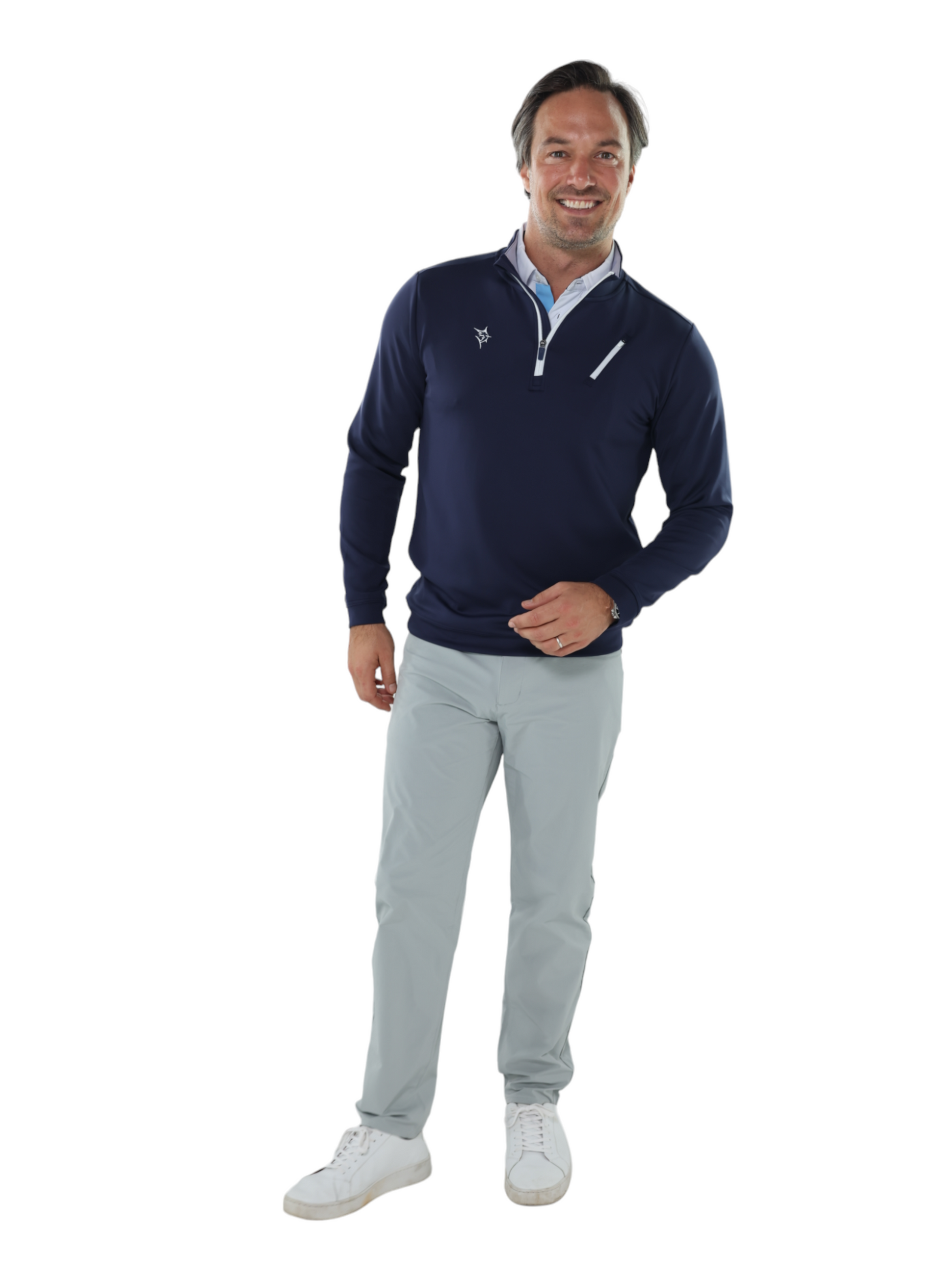Oceanside Pullover Smooth Stretch navy blue men's zip pullover with white placket and chest logo White Water Life on Tampa Home & Garden Store