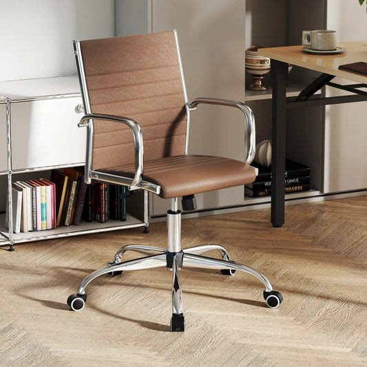 Height adjustable office chair with rocking backrest, brown leatherette seat, chrome frame on Tampa Home & Garden Store