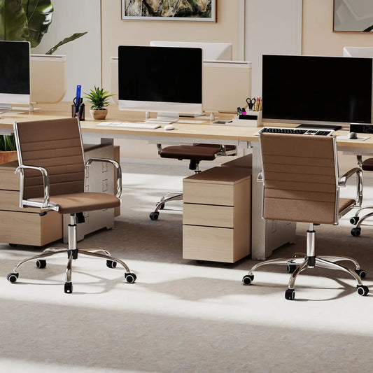 Height Adjustable Office Chair with Rocking Backrest brown leather chrome frame in office on Tampa Home & Garden Store