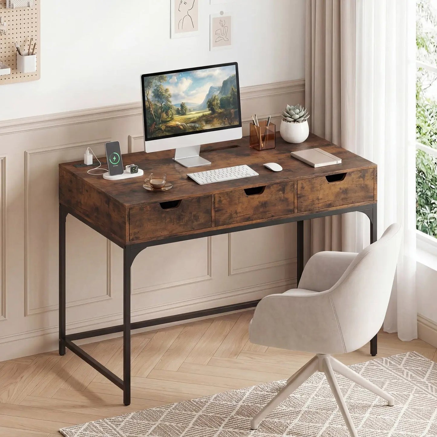 Office Desk with Power Outlets and Hidden Storage