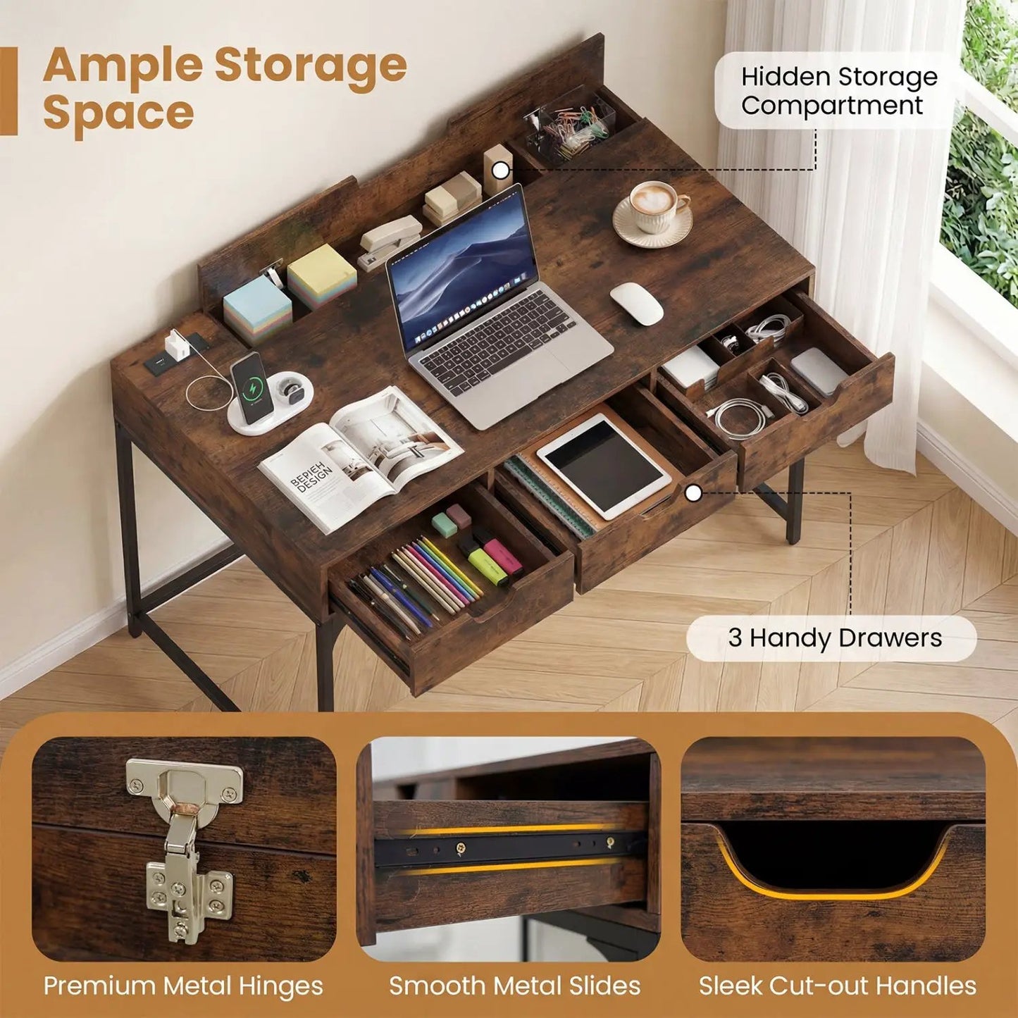 Office Desk with Power Outlets and Hidden Storage