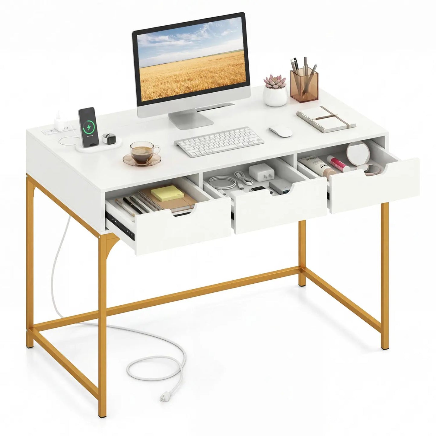 Office Desk with Power Outlets and Hidden Storage