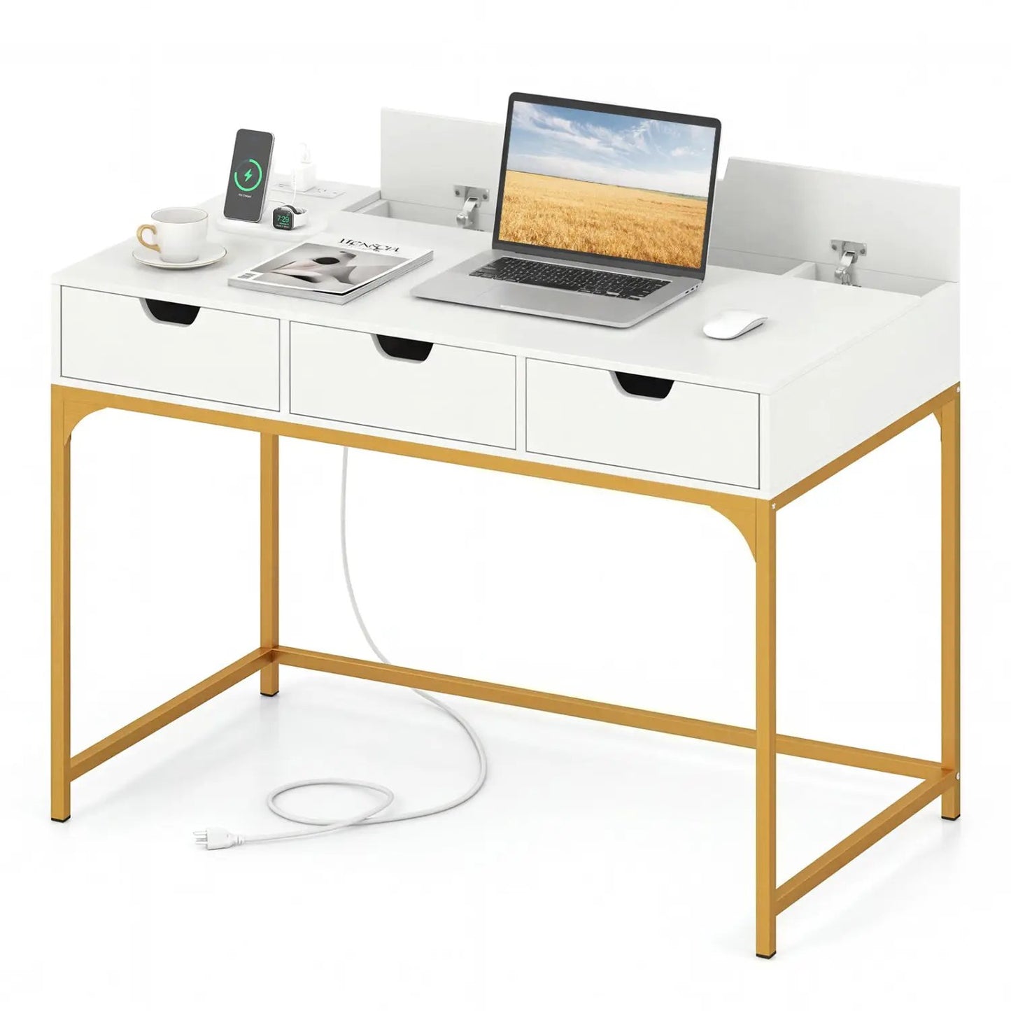 Office Desk with Power Outlets and Hidden Storage