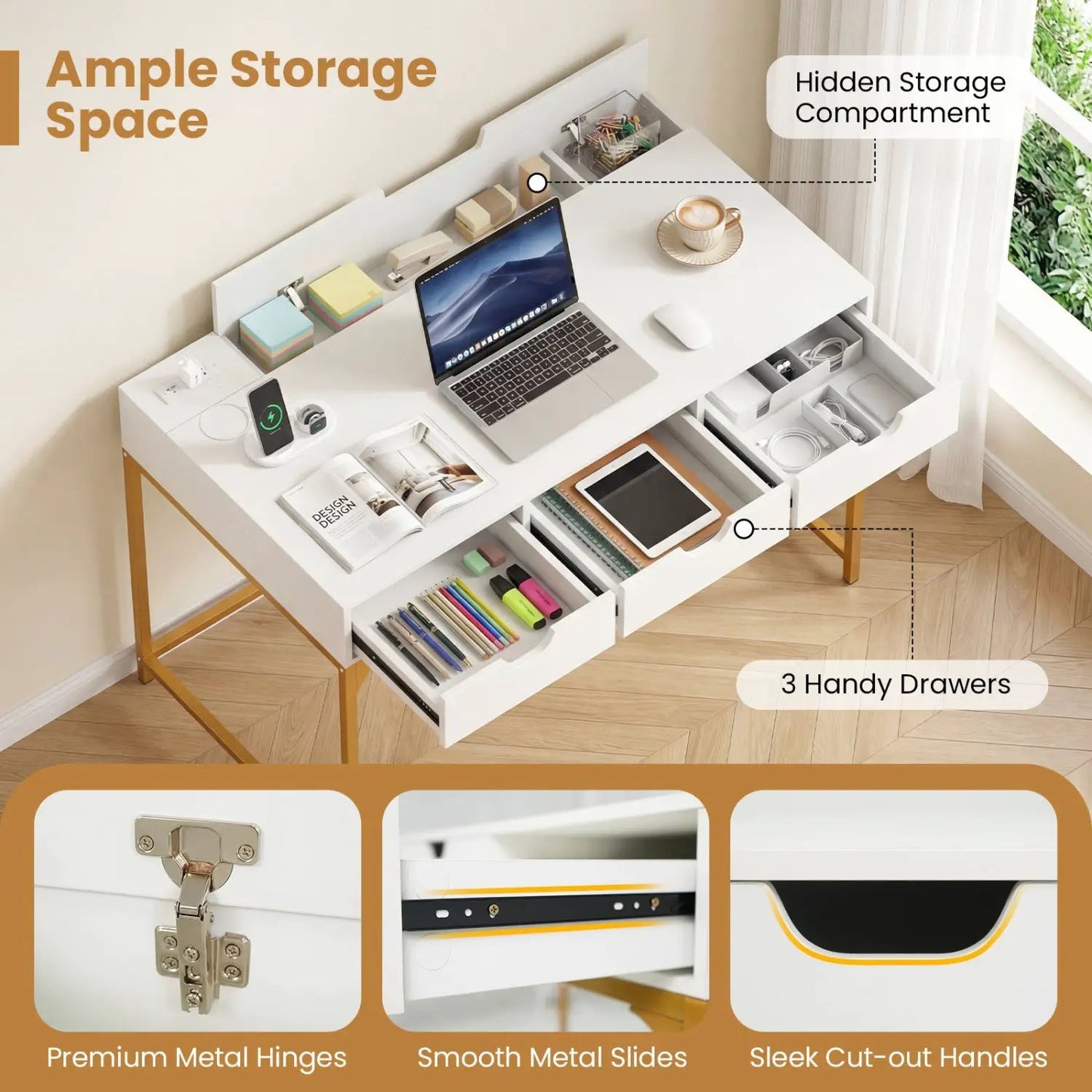 Office Desk with Power Outlets and Hidden Storage