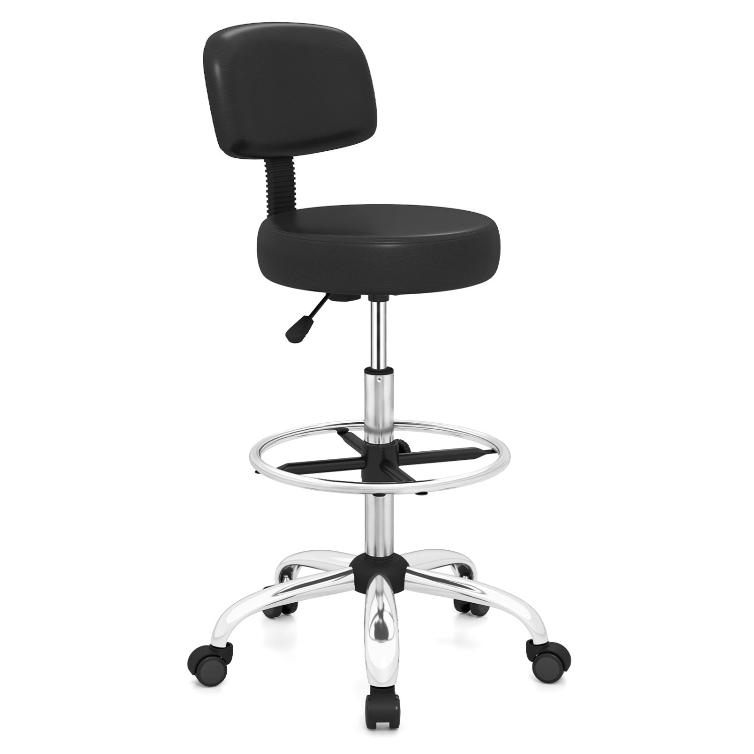 DirectDeals drafting chair with adjustable height, black padded seat and back, chrome footring on Tampa Home & Garden Store