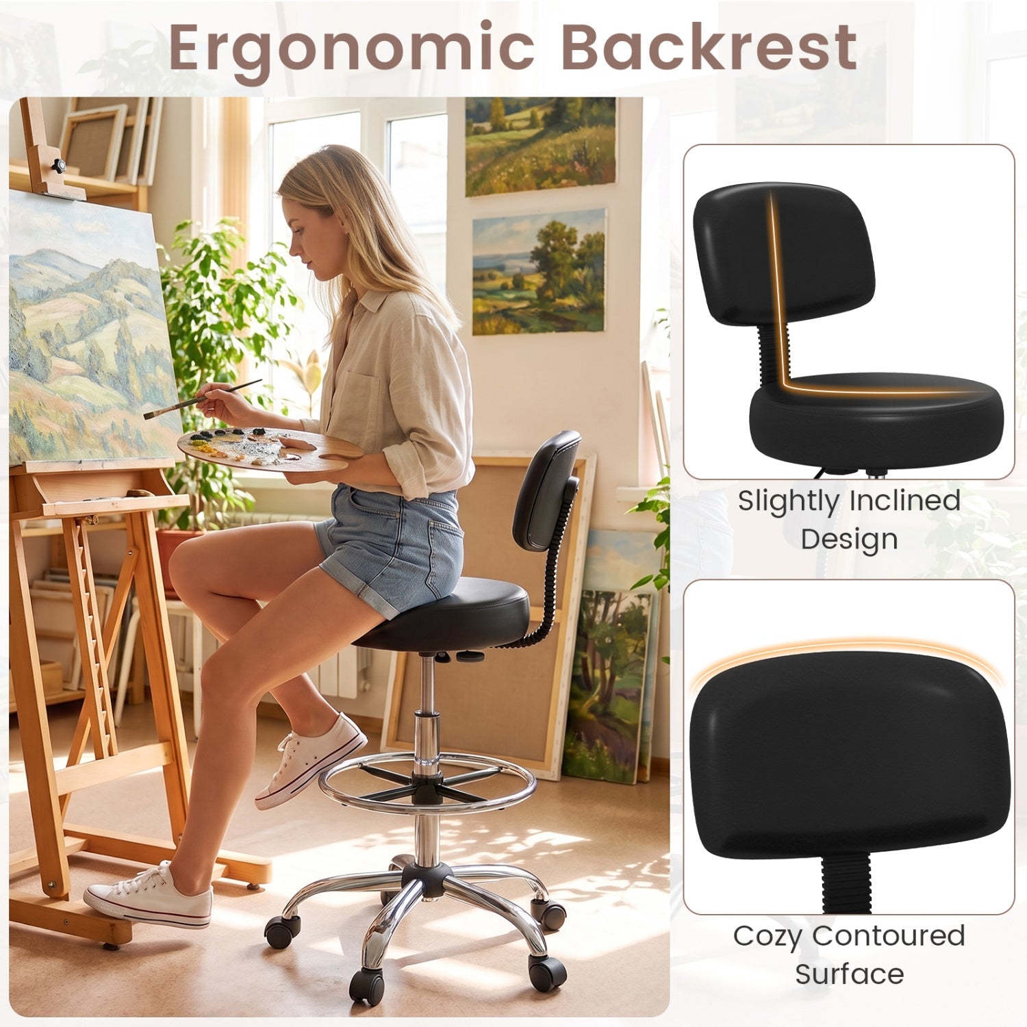 Drafting chair with adjustable height and footring, black contoured seat, chrome base DirectDeals on Tampa Home & Garden Store