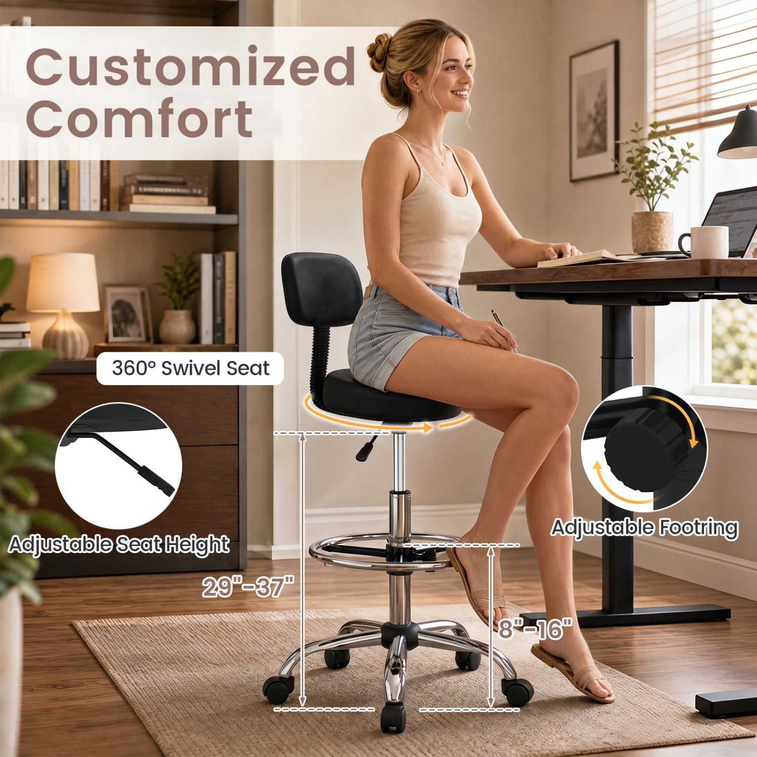 Drafting chair by DirectDeals, black seat with footring and chrome base, 360° swivel on Tampa Home & Garden Store