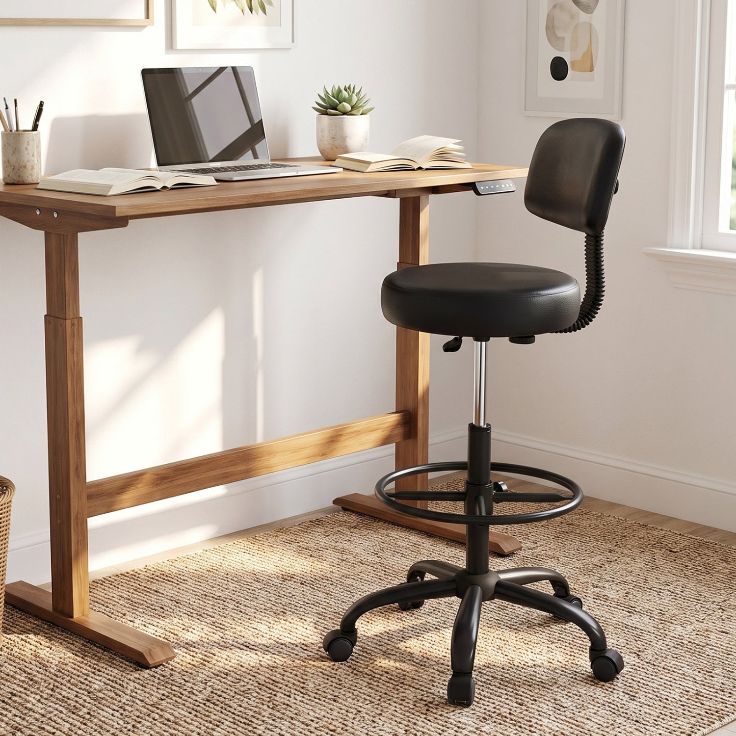 Drafting chair with adjustable height and footring in black vinyl at a wooden desk on Tampa Home & Garden Store