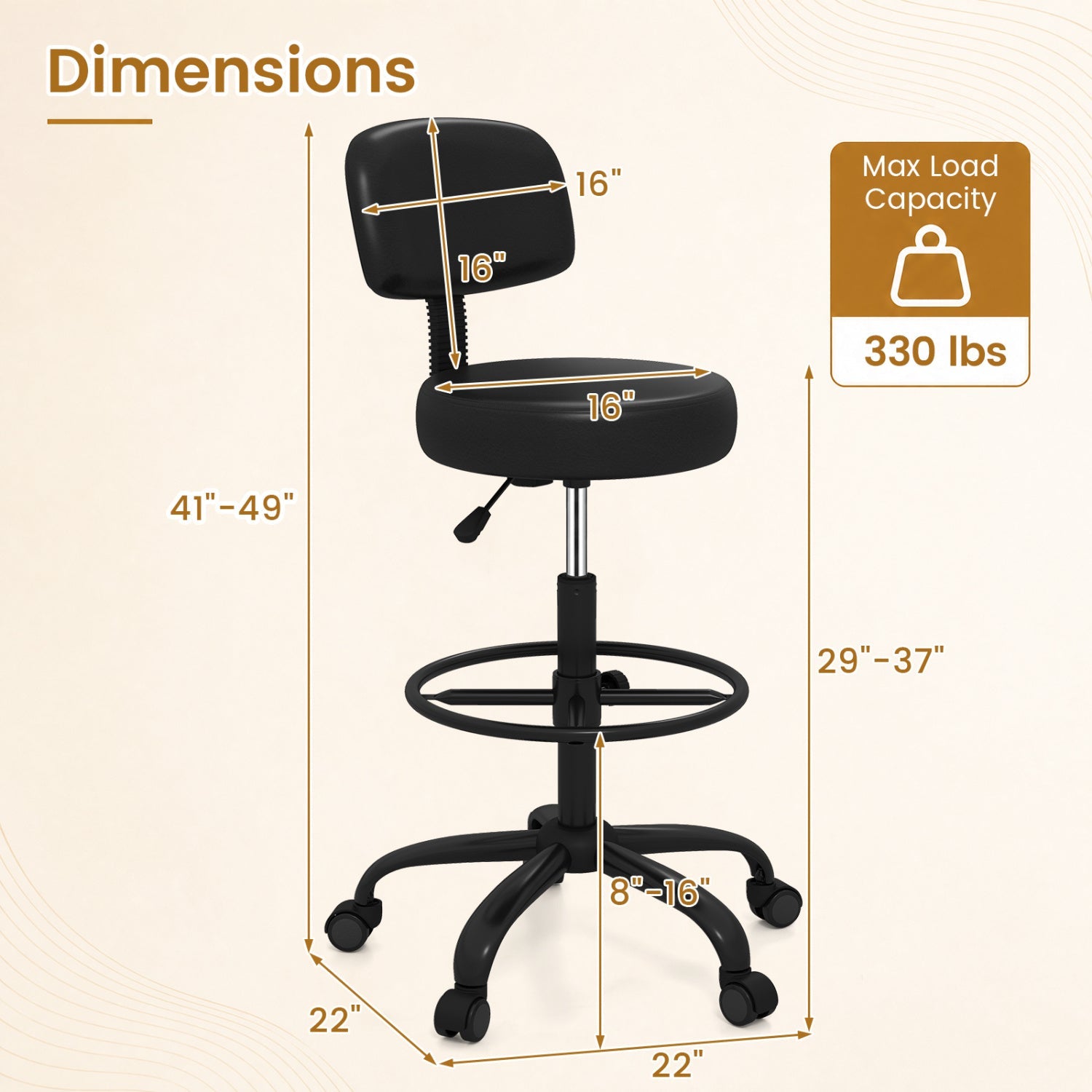 DirectDeals drafting chair with adjustable height and footring, black seat/back, 5-star base on Tampa Home & Garden Store
