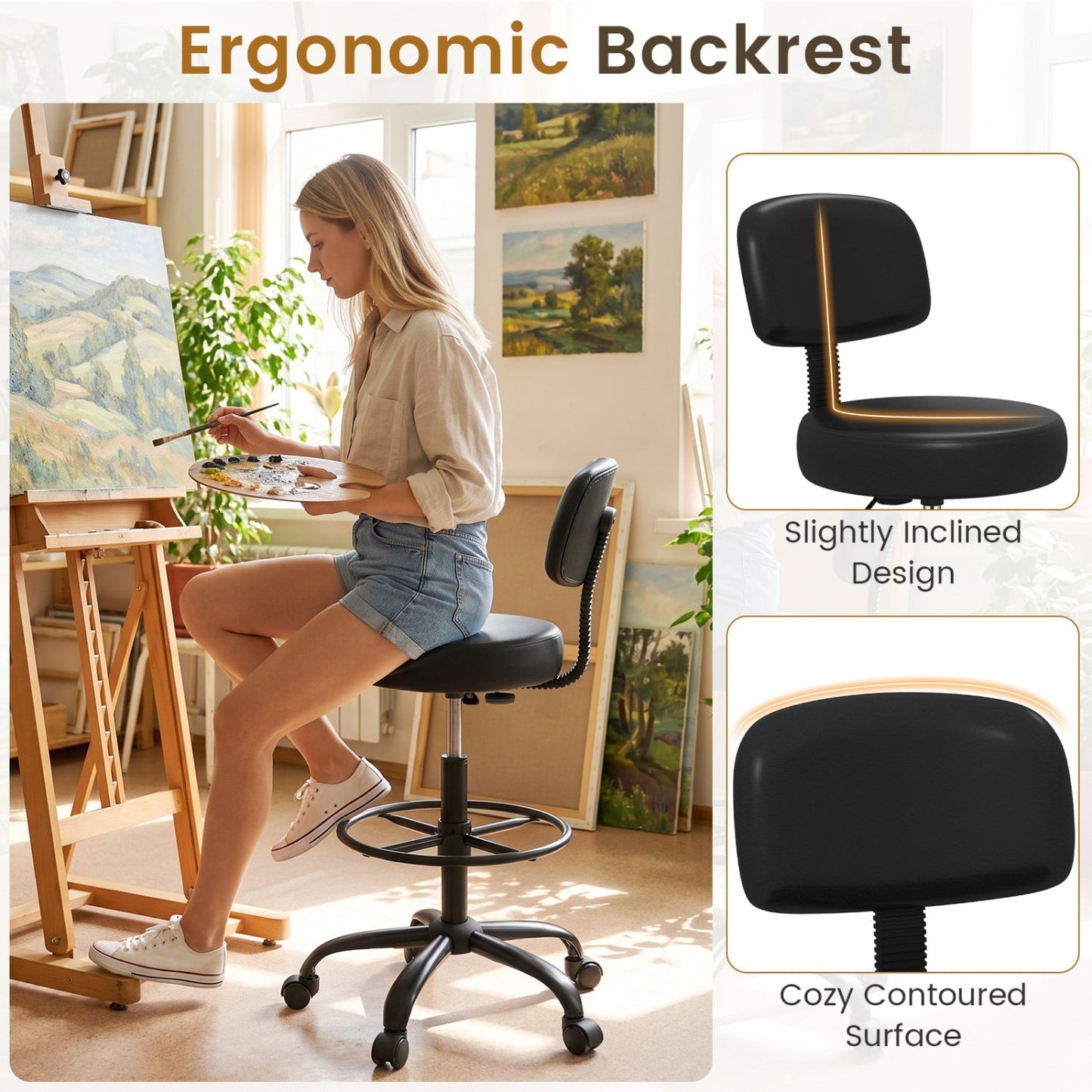 DirectDeals drafting chair with adjustable height and footring, black contoured seat in studio on Tampa Home & Garden Store
