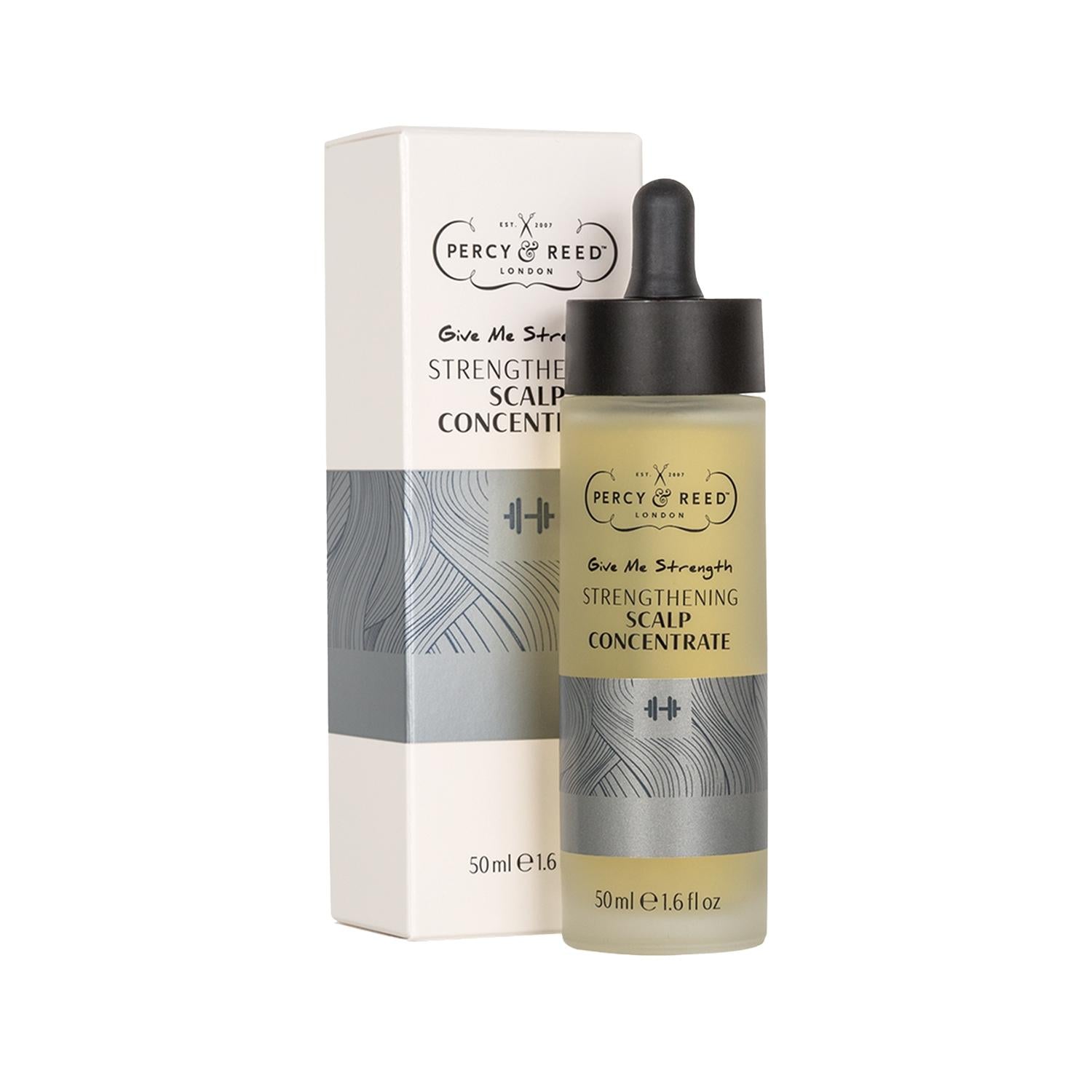 Percy & Reed Strengthening Scalp Concentrate hair serum bottle with dropper beside its box 50 ml 2‑piece set on Tampa Home & Garden Store