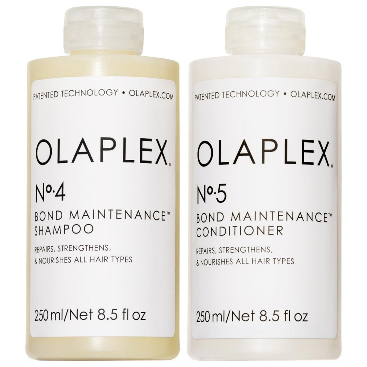 Two Olaplex No.4 & No.5 Bond Maintenance bottles set, 250 ml each, white labels, Nava Beauty on Tampa Home & Garden Store